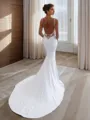 Sheath/Column Enchanting V-neck Chapel Train Stretch Crepe Wedding Dress With Appliques Lace