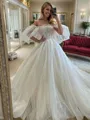 Opulent Ball-Gown Off-the-Shoulder Short Sleeves Cathedral Train Tulle Wedding Dress With Appliques Lace