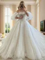 Opulent Ball-Gown Off-the-Shoulder Short Sleeves Cathedral Train Tulle Wedding Dress With Appliques Lace
