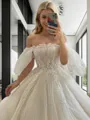 Opulent Ball-Gown Off-the-Shoulder Short Sleeves Cathedral Train Tulle Wedding Dress With Appliques Lace