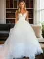 Splendid A-line V-neck Chapel Train Tulle Wedding Dress