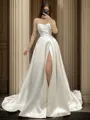 A-line Trendy Straight Court Train Satin Wedding Dress With Slit