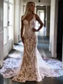 Sheath/Column Glam V-neck Cathedral Train Lace Wedding Dress With Appliques Lace