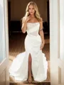 Stunning Sheath/Column Straight Cathedral Train Silk like Satin Corset Wedding Dress With Slit