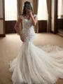 Glamorous Trumpet/Mermaid Straps Cathedral Train Tulle Corset Wedding Dress With Appliques Lace