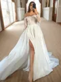 A-line Perfect Off-the-Shoulder Long Sleeves Cathedral Train Organza Corset Wedding Dress With Slit