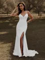Sheath/Column Trendy V-neck Stretch Crepe Court Train Wedding Dress With Slit