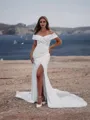 Sheath/Column Fashion Off-the-Shoulder Charmeuse Cathedral Train Corset Wedding Dress With Slit