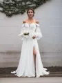 A-line Glam Off-the-Shoulder Long Sleeves Chiffon Court Train Wedding Dress With Slit