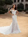 Sheath/Column Unique Off-the-Shoulder Lace Chapel Train Wedding Dress With Appliques Lace