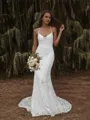 Sheath/Column Charming V-neck Lace Court Train Wedding Dress With Appliques Lace
