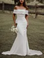 Glamorous Sheath/Column Off-the-Shoulder Stretch Crepe Cathedral Train Wedding Dress
