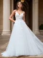 Elegant A-line V-neck Sweep Train Tulle Wedding Dress With Appliques Lace