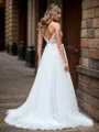 Elegant A-line V-neck Sweep Train Tulle Wedding Dress With Appliques Lace