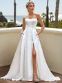 A-line Charming Straight Court Train Satin Wedding Dress With Pockets