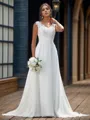 A-line Stunning V-neck Sweep Train Chiffon Wedding Dress With Appliques Lace
