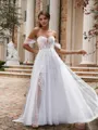 Perfect A-line Off-the-Shoulder Chapel Train Tulle Corset Wedding Dress With Appliques Lace