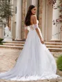 Perfect A-line Off-the-Shoulder Chapel Train Tulle Corset Wedding Dress With Appliques Lace