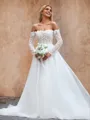 A-line Trendy Off-the-Shoulder Long Sleeves Chapel Train Tulle Corset Wedding Dress With Appliques Lace