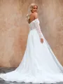 A-line Trendy Off-the-Shoulder Long Sleeves Chapel Train Tulle Corset Wedding Dress With Appliques Lace