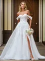 Pretty A-line Off-the-Shoulder Court Train Tulle Corset Wedding Dress With Slit