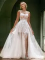 A-line Delicate Spaghetti Straps Court Train Tulle Corset Wedding Dress With Slit