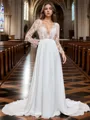Exquisite A-line Scoop Long Sleeves Court Train Chiffon Wedding Dress With Appliques Lace