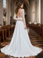 Exquisite A-line Scoop Long Sleeves Court Train Chiffon Wedding Dress With Appliques Lace