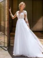 Graceful A-line Scoop Long Sleeves Court Train Tulle Wedding Dress With Appliques Lace