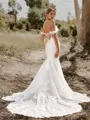 Flattering Trumpet/Mermaid Off-the-Shoulder Cathedral Train Tulle Corset Wedding Dress With Appliques Lace