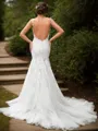 Trumpet/Mermaid Fitted V-neck Chapel Train Tulle Wedding Dress With Appliques Lace