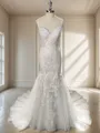 Trumpet/Mermaid Fitted V-neck Chapel Train Tulle Wedding Dress With Appliques Lace