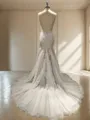 Trumpet/Mermaid Fitted V-neck Chapel Train Tulle Wedding Dress With Appliques Lace