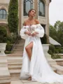 A-line Timeless Sweetheart Long Sleeves Chapel Train Tulle Corset Wedding Dress With Slit