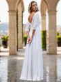 Modest A-line V-neck 3/4 Sleeves Floor-Length Chiffon Wedding Dress With Appliques Lace