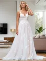 Simple A-line Scoop Sweep Train Tulle Wedding Dress With Appliques Lace