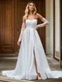 Feminine A-line Straight Long Sleeves Chapel Train Corset Wedding Dress With Slit