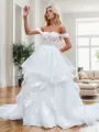 A-line Stunning Off-the-Shoulder Court Train Tulle Corset Wedding Dress With Appliques Lace