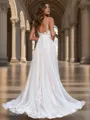 A-line Trendy V-neck Court Train Organza Wedding Dress With Appliques Lace
