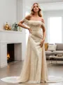 Sheath/Column Trendy Off-the-Shoulder Cathedral Train Corset Wedding Dress With Detachable Train