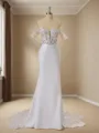 Fashion Sheath/Column Off-the-Shoulder Stretch Crepe Cathedral Train Corset Wedding Dress With Appliques Lace