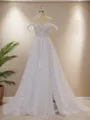 Exquisite A-line Off-the-Shoulder Tulle Cathedral Train Corset Wedding Dress With Slit