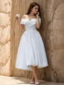 Perfect A-line Off-the-Shoulder Tea-Length Satin Wedding Dress With Pleated