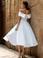 Perfect A-line Off-the-Shoulder Tea-Length Satin Wedding Dress With Pleated