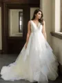 A-line Glam V-neck Court Train Tulle Wedding Dress With Cascading Ruffles