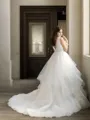 A-line Glam V-neck Court Train Tulle Wedding Dress With Cascading Ruffles
