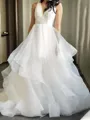 A-line Glam V-neck Court Train Tulle Wedding Dress With Cascading Ruffles