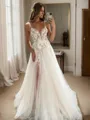 Exquisite A-line Spaghetti Straps Sweep Train Tulle Wedding Dress With Appliques Lace
