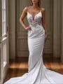Sheath/Column Graceful V-neck Cathedral Train Stretch Crepe Wedding Dress With Appliques Lace