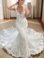 Sheath/Column Enchanting V-neck Cathedral Train Tulle Corset Wedding Dress With Appliques Lace